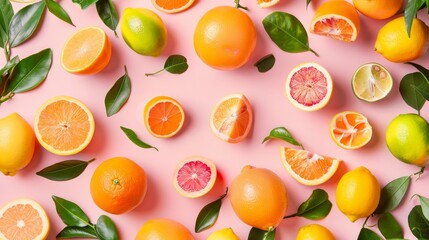 Vibrant citrus on a pastel pink background  AI generated illustration