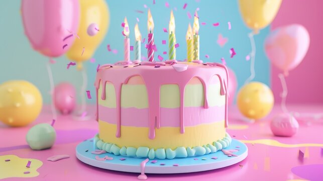 Vibrant cake with candles in a memphis style 3d style isolated flying objects memphis style 3d render   AI generated illustration