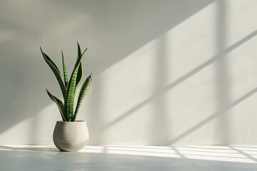 Minimalistic abstract light grey wall background for product presentation with sunlight shadow and sansevierija plant on the floor