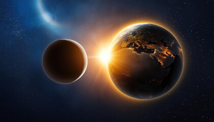 Fototapeta premium Solar eclipse. Sun behind the clouds and moon. Amazing scientific natural phenomenon