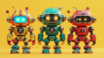 Vintage-inspired toy robots with a futuristic twist 3d style isolated flying objects memphis style 3d render   AI generated illustration