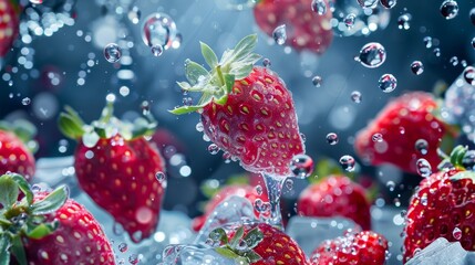 Vibrant strawberries suspended amidst swirling ice and liquid droplets   AI generated illustration