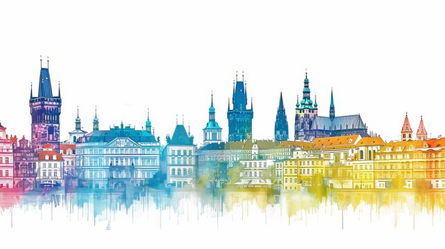 An outline illustration depicting the skyline of Prague, Czech Republic, with color buildings against a white background. This Prague cityscape showcases its prominent landmarks in a distinctive style