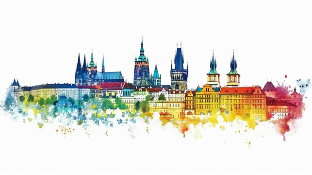 An outline illustration depicting the skyline of Prague, Czech Republic, with color buildings against a white background. This Prague cityscape showcases its prominent landmarks in a distinctive style