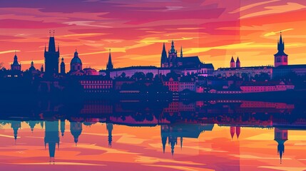 A vector illustration portraying the silhouette of the Prague skyline, complete with reflections, capturing the picturesque landscape of Prague, Czech Republic.      