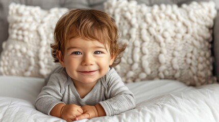 Fototapeta premium Photo funny baby smiling and lying on a white bedding at home