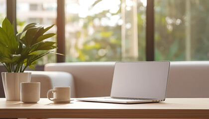 A laptop is on a table next to a plant and a cup