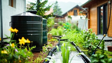A rainwater harvesting system in a residential area, emphasizing water conservation and sustainable living.
