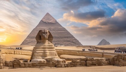 The Great Sphinx bythe Pyramids of Egypt and its companions in the sands of Giza desert, Egypt