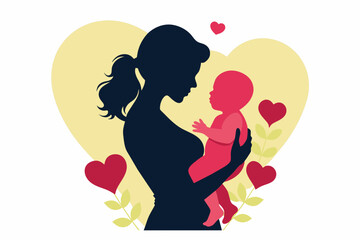 Mother holding baby silhouette, aware of Mother's Day, Mom Day, mom Love, mother with flowers, white background 