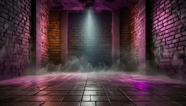 Brick and Concrete: Industrial Room with Neon Light, Spotlight, and Smoke Effects