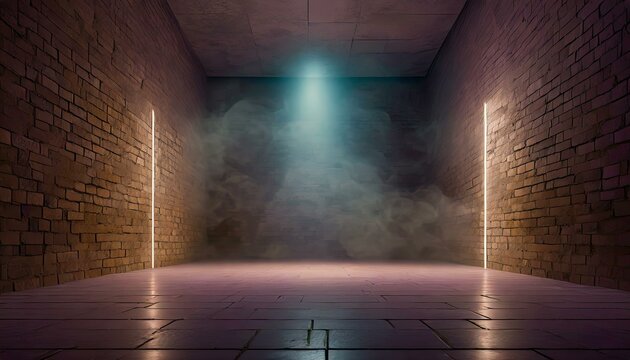 Smokey Serenity: Empty Room with Brick Walls and Concrete Floor, Accentuated by Neon Light and Spotlight