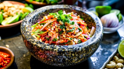 A refreshing Thai salad with a burst of colors from papaya, lime, peanuts, and chili, served in a traditional mortar, emphasizing the blend of textures and flavors.