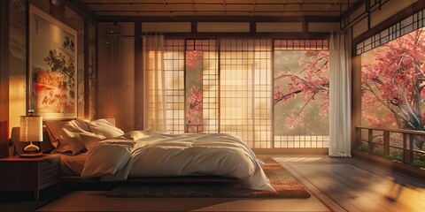 A Japanese-themed bedroom adorned with captivating art photography, accentuated by bold interplays of light and shadow, exuding a palpable aura of ambiance.