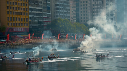 Obraz premium Thrilling Dragon Boat Race in Hong Kong Harbor.