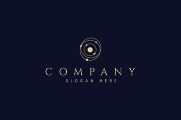 Vector logo on which golden abstract image of solar system with space galaxy planets around the sun.