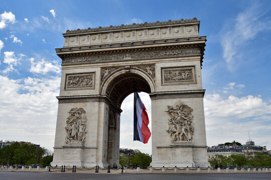 Paris, France. Arc de Triomphe with the French flag. May 9, 2021.