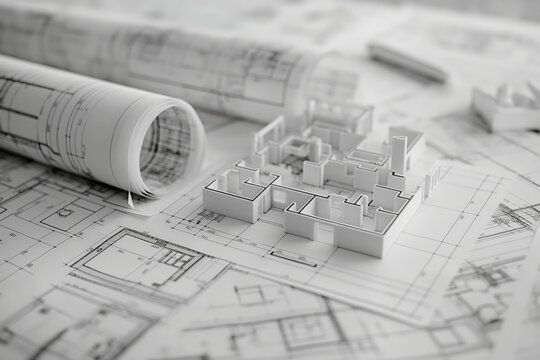 Monochrome image of a 3D architectural model on top of building plans and blueprints.