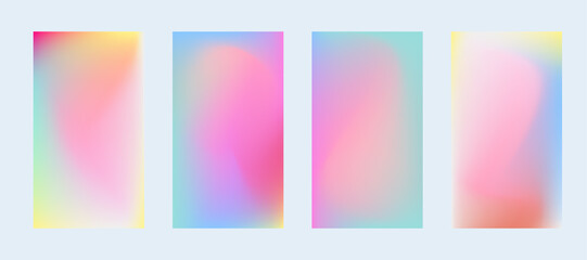 Vector holographic backgrounds set. Blurred effect abstract artwork hologram backdrops. Collection of screen size modern colorful soft fluid mesh gradients. Futuristic social media story backgrounds