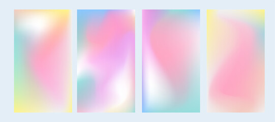 Vector holographic backgrounds set. Blurred effect abstract artwork hologram backdrops. Collection of screen size modern colorful soft fluid mesh gradients. Futuristic social media story backgrounds