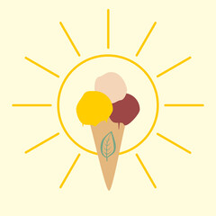  ice cream background, ice cream scoops in a cone,  ice cream in yellow, red pink and green leaf and sun, abstract simple design, ice cream with natural ingredients, ice cream logo