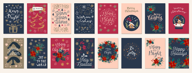 Merry Christmas and Happy Holidays vintage hand drawn greeting cards, gift tags, postcards, posters. Calligraphic typography artwork illustration