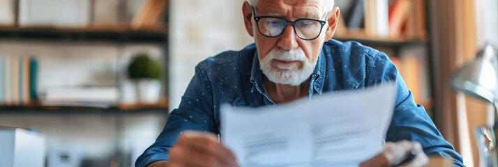 Photo of a senior reviewing his life insurance policy with a close up on the document and his reading glasses underscoring the significance of insurance in retirement planning - obrazy, fototapety, plakaty