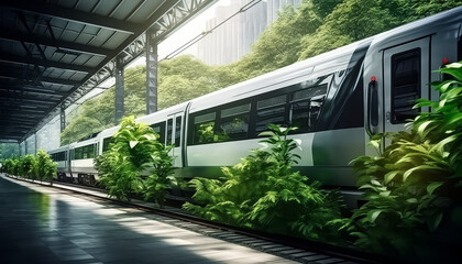 A train is traveling through a tunnel with a green plant on the side