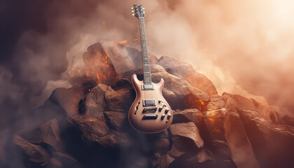 A guitar is sitting on a pile of rocks in a desert - Powered by Adobe