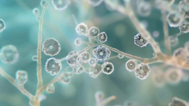 A timelapse image capturing the rapid growth of a fungal colony with small conidia emerging and quickly multiplying to cover the surface . AI generation.