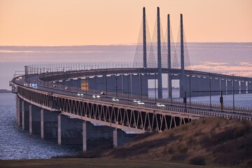Beautiful view of the Oresund bridge at sunset in Sweden