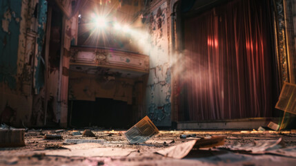 An abandoned theater stage, high angle, spotlight flares hitting the dusty curtains and a blurred foreground of old playbills." --ar 16:9 Job ID: 89f69da2-7b55-4b2f-99b8-c0ea58f6b615