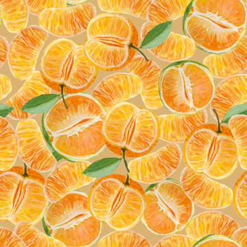 Orange tangerine and mandarine watercolor seamless pattern on beige background, hand drawn for food design. Great for packages, wrapping paper, posters, cafe menu, organic food ads, textile
