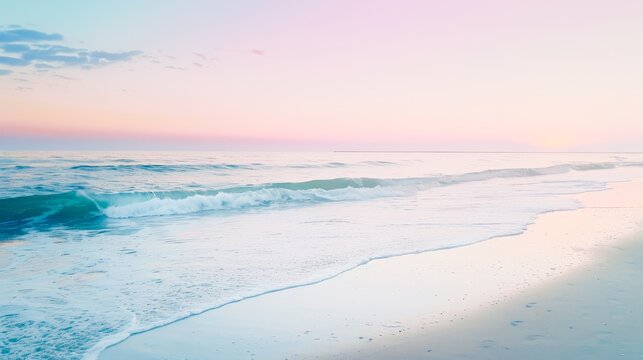 A serene beach at dawn, the sky painted in soft pastels, inviting a moment of peaceful reflection by the sea.
