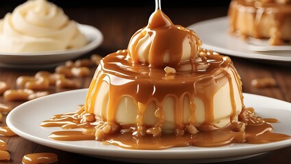 A smooth caramel sauce drizzle is applied with skill as the finishing touch, creating a complex taste dance around the dessert. The air is filled with the rich flavor of caramel, increasing