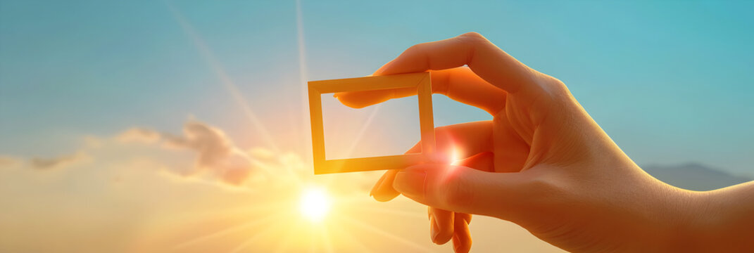 Woman hand creates a frame in front of the sunset and blue sky background , Looking hand frame distant view with sunrise over field    