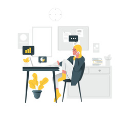 Vector of Muslim woman working on her desk while calling her partner in office room. Young woman studiyng in front of laptop while open book. Woman work from home on her desk.