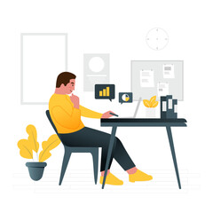 Vector of man working on his desk. Man focusing her job on his desk use laptop. Youngman study using laptop on his desk. Man work from home on her desk.