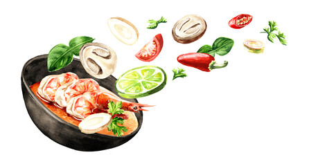 Asian soup Tom Yum with flying ingredients. Hand drawn watercolor illustration, isolated on white background