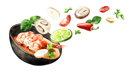 Asian soup Tom Yum with flying ingredients. Hand drawn watercolor illustration, isolated on white background