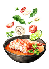 Asian soup Tom Yum with ingredients, falling into the bowl. Hand drawn watercolor illustration,...