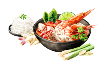 Asian soup Tom Yum with shrimps, Hand drawn  watercolor illustration, isolated  on white background