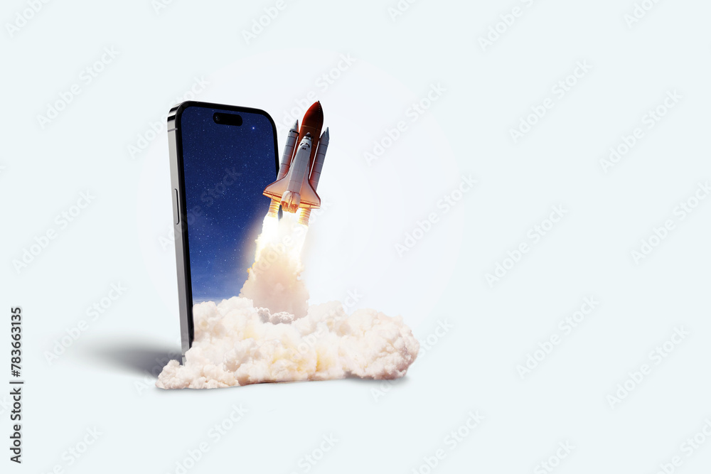 Poster space rocket takes off from mobile device with smoke, creative idea. application and optimization, c