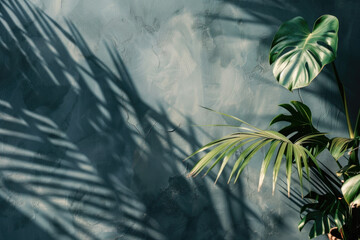 Dark grey wall with tropical palm leaf shadow. Beautiful abstract background concept banner for summer vacation