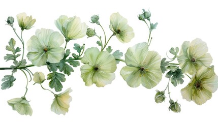 A branch of green flowers on a white background. The flowers are small and delicate, with five petals each. The leaves are a deep green color and have serrated edges. The branch is long and winding, a