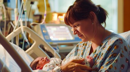A serene hospital room, where a mother's first embrace envelops her newborn, wrapping him in warmth and security.