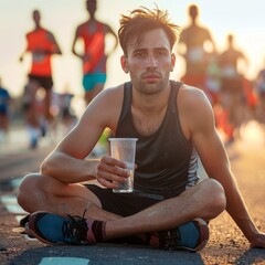 An athletic young man who finished a marathon sits exhausted at the finish line with a glass of water.