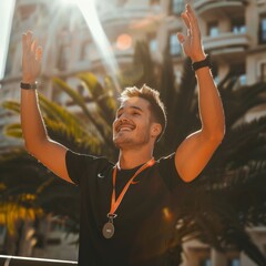 Young athletic man, runner celebrating victory in marathon, arms raised above head and medal around neck.