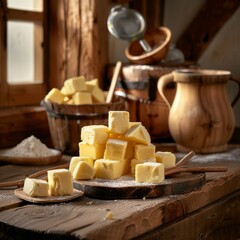 The process of making butter, cubes of butter stacked on a wooden board, wooden interior design.