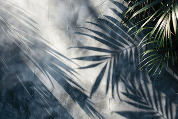 Dark grey wall with tropical palm leaf shadow. Beautiful abstract background concept banner for summer vacation